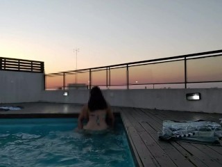 cumming a lot in the pool at a beautiful sunset – accounter adventure