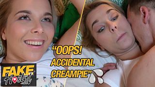 Fake Hostel – chubby babe gets accidental creampie sharing a room