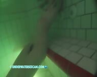 French teen 18+ masturbates with the jet stream underwater in a public sauna pool